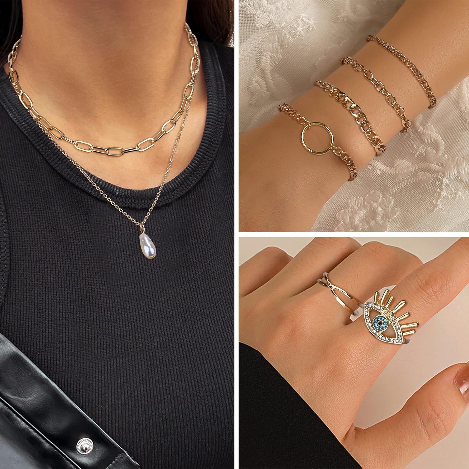 Finrezio Gold Plated Jewelry Set with 8 PCS Necklace, 11 PCS Bracelet, 10 PCS Ear Cuffs Earring, 12 Pcs Knuckle Rings for Women Valentine Anniversary Birthday Friendship Gift - Image 4