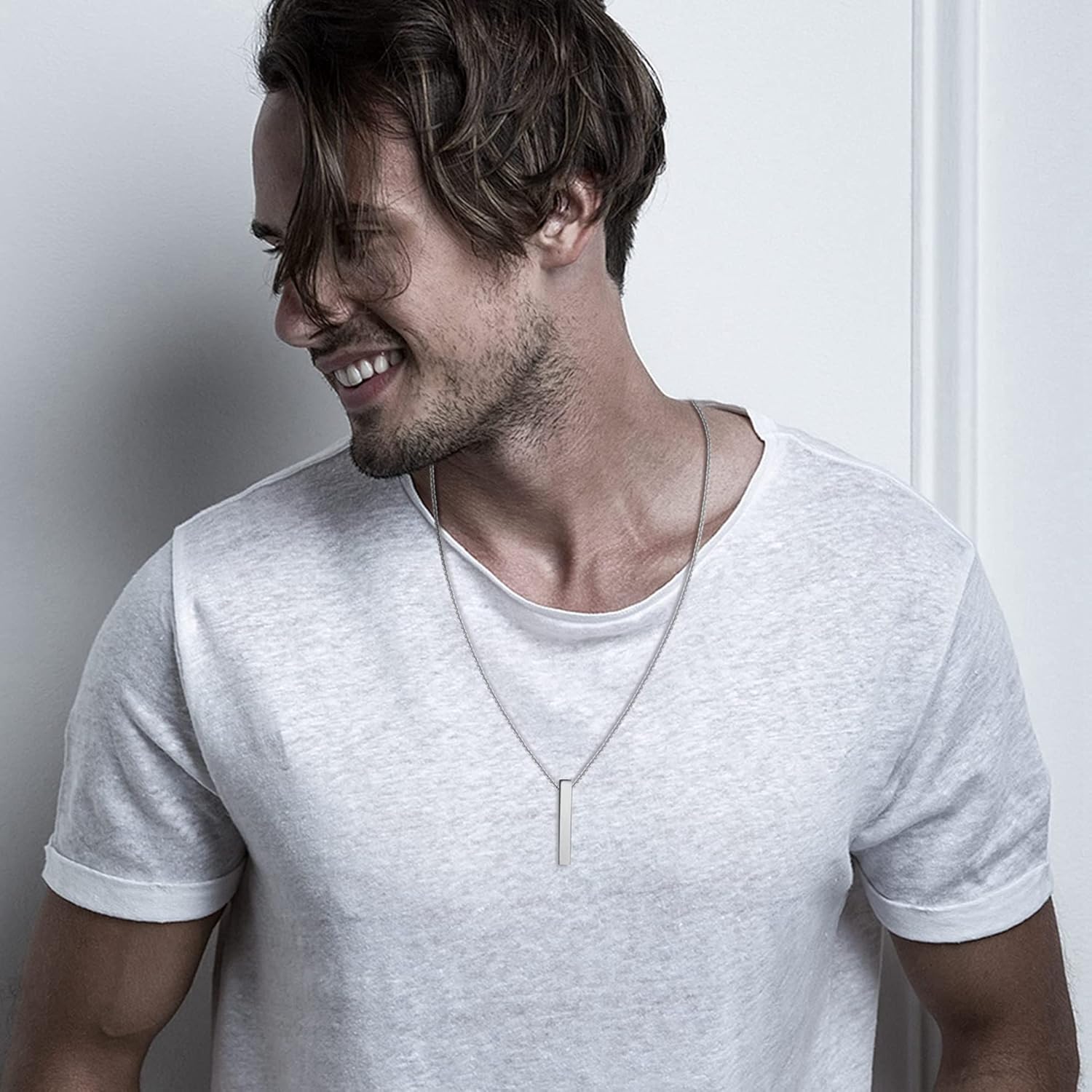 SAILIMUE 2Pcs Stainless Steel Bar Pendant Necklace for Men Women Couples Necklaces Cuboid Silver/Black CZ Bar Pendant with 22 Inches Chain Necklace Unisex - Image 3