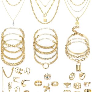 Finrezio Gold Plated Jewelry Set with 8 PCS Necklace, 11 PCS Bracelet, 10 PCS Ear Cuffs Earring, 12 Pcs Knuckle Rings for Women Valentine Anniversary Birthday Friendship Gift