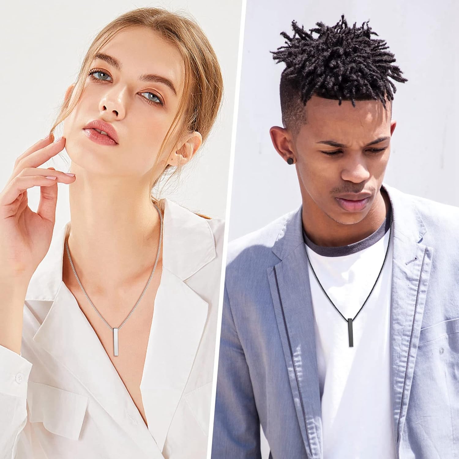 SAILIMUE 2Pcs Stainless Steel Bar Pendant Necklace for Men Women Couples Necklaces Cuboid Silver/Black CZ Bar Pendant with 22 Inches Chain Necklace Unisex - Image 4