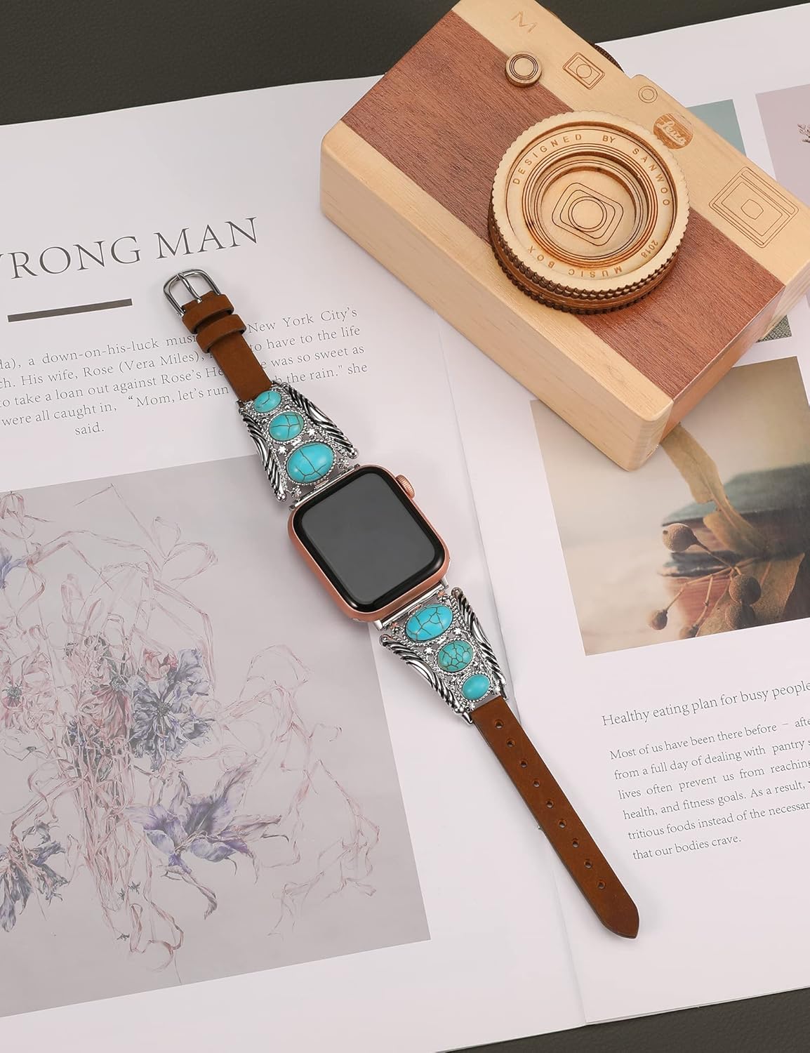 TOYOUTHS Boho Leather Bracelet Compatible with Apple Watch Band 38/40/41/42mm Women Vintage Turquoise Bohemian Stone Jewelry Designer Strap Wristband for iWatch Series 10/9/8/7/SE/6/5/4/3/2/1, Brown - Image 4