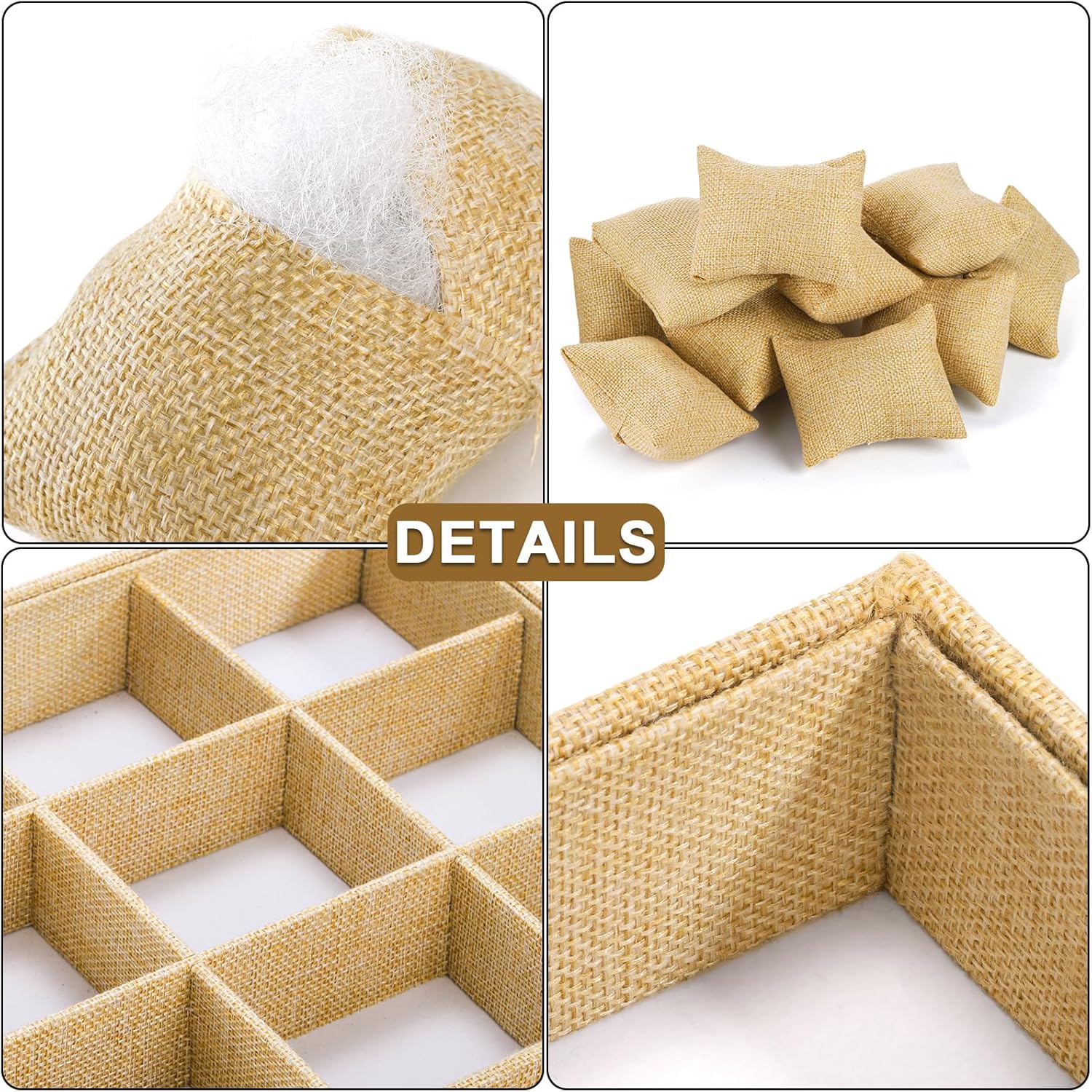 Hedume Burlap Jewelry Display, 12 Slot Sackcloth Watch Jewelry Bracelet Tray, Linen Watch Large Holder Box Display Case Organizer with 12 Grid Pillow for Men and Women - Image 3