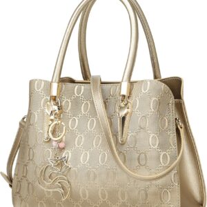 FOXER Designer Chain Pattern Tote Bag with Adjustable Strap and Top Handle – Cow Leather Ladies Handbag with Lock in Gold, Gold, Large FOXER Designer Chain Pattern Tote Bag with Adjustable Strap and Top Handle – Cow Leather Ladies Handbag with Lock in Gold, Gold, Large