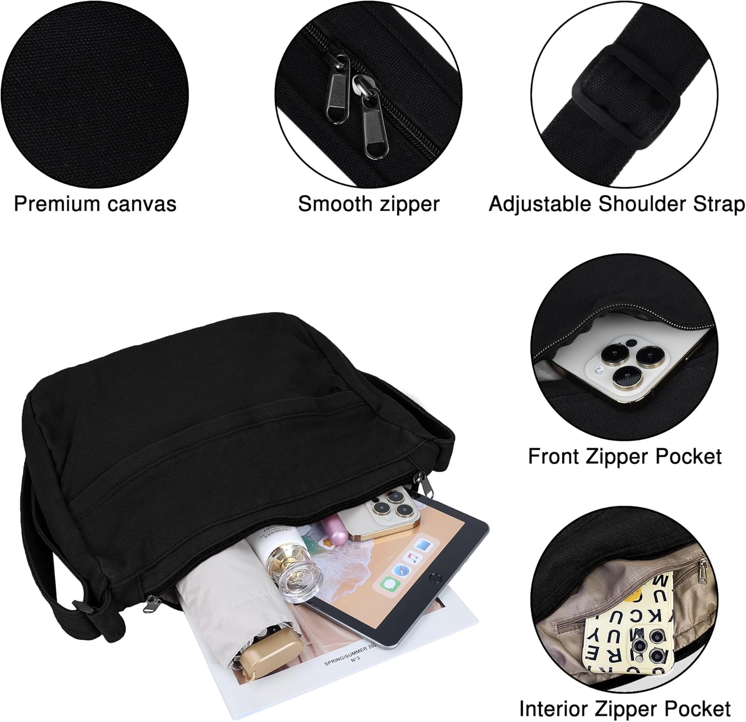 Canvas Messenger Bag Large Hobo Crossbody Bag with Zipper Casual Shoulder Tote Handbag for Women and Men - Image 3