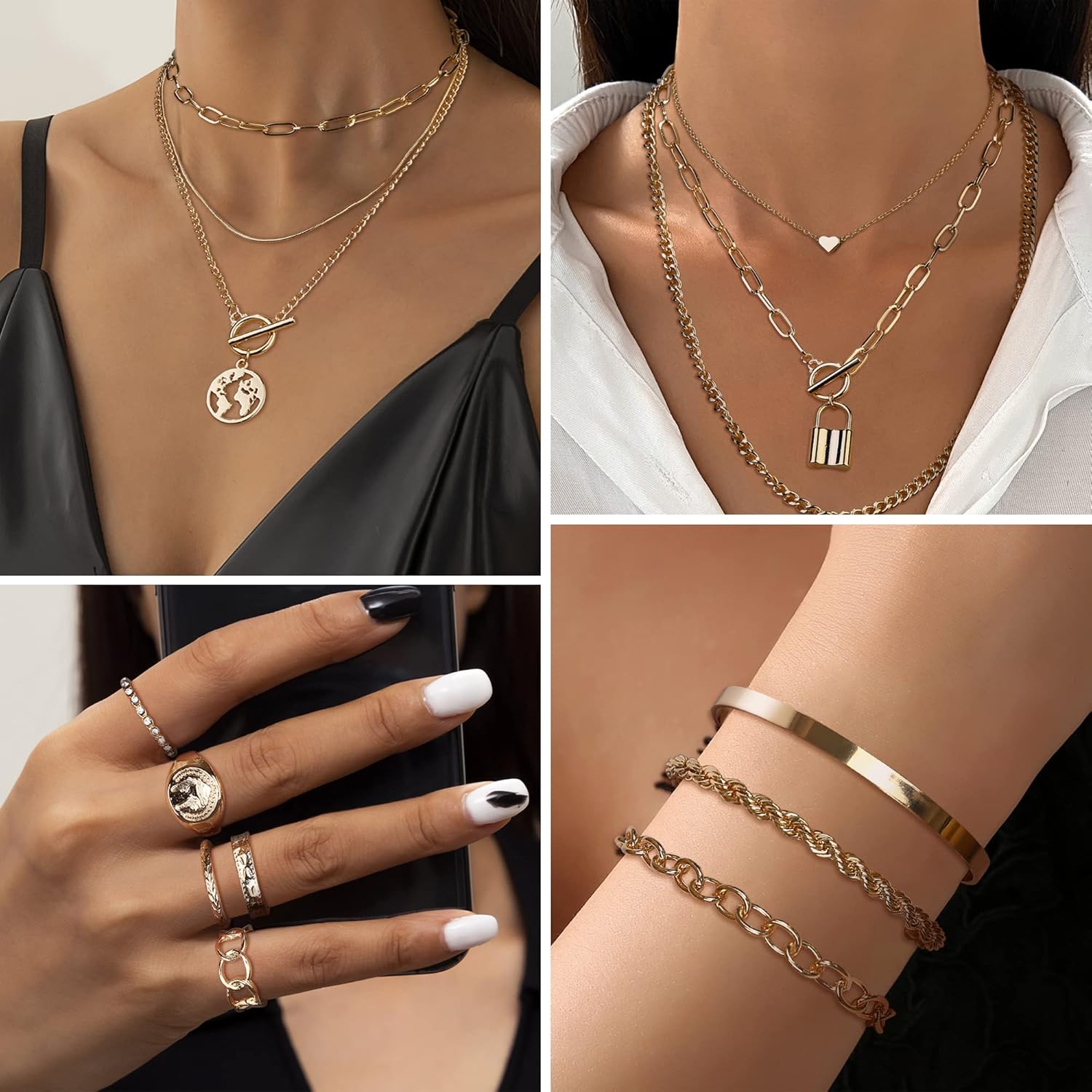Finrezio Gold Plated Jewelry Set with 8 PCS Necklace, 11 PCS Bracelet, 10 PCS Ear Cuffs Earring, 12 Pcs Knuckle Rings for Women Valentine Anniversary Birthday Friendship Gift - Image 3