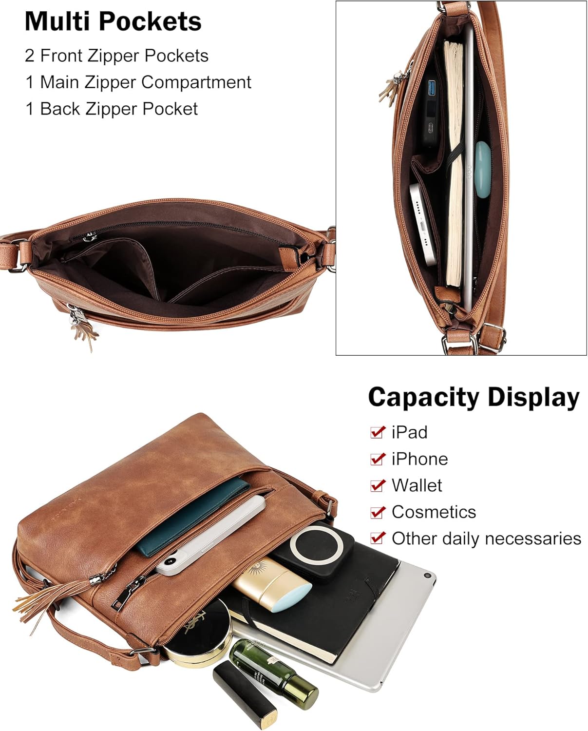 MASINTOR Crossbody Bags for Women, Lightweight Medium Crossbody Purse, Soft Leather Women's Shoulder Handbags with Tassel for Shopping or Travel - Image 3