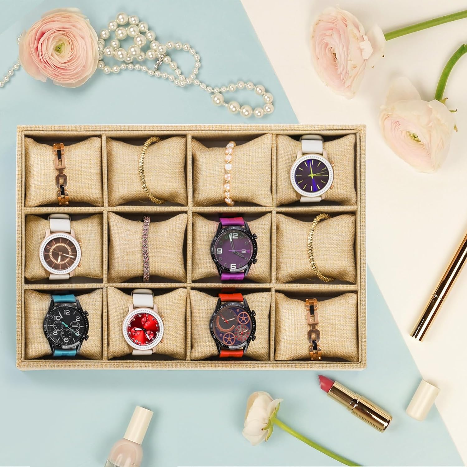 Hedume Burlap Jewelry Display, 12 Slot Sackcloth Watch Jewelry Bracelet Tray, Linen Watch Large Holder Box Display Case Organizer with 12 Grid Pillow for Men and Women - Image 5