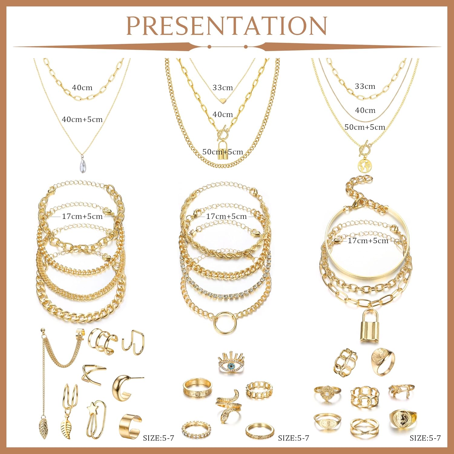 Finrezio Gold Plated Jewelry Set with 8 PCS Necklace, 11 PCS Bracelet, 10 PCS Ear Cuffs Earring, 12 Pcs Knuckle Rings for Women Valentine Anniversary Birthday Friendship Gift - Image 6