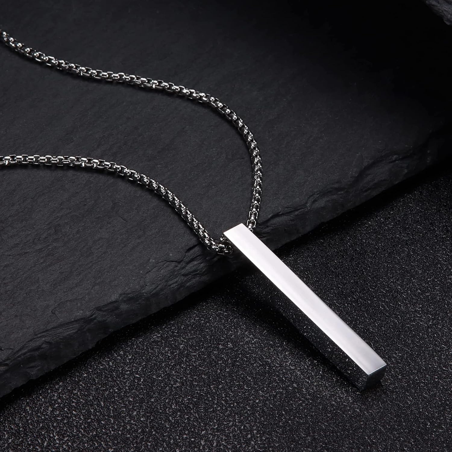 SAILIMUE 2Pcs Stainless Steel Bar Pendant Necklace for Men Women Couples Necklaces Cuboid Silver/Black CZ Bar Pendant with 22 Inches Chain Necklace Unisex - Image 5