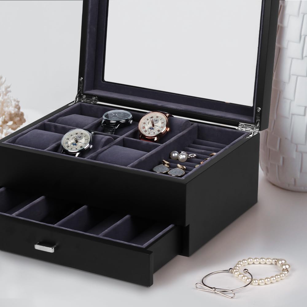 Baskiss Watch Box with Drawer, Double-layer Jewelry Organizer Case with Glass Lid, Display Storage Holder for Men Woman Anniversary Wedding Birthday (6 Slot - Large) - Image 6