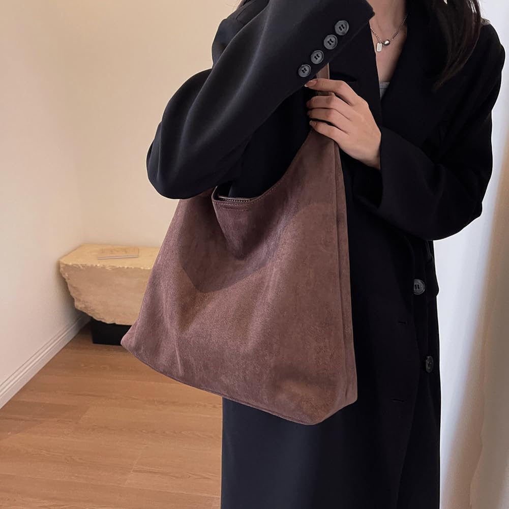 Suede Hobo Bag Brown Suede Handbag for Women Retro Suede Slouchy Bag Hobo Handbag Suede Shoulder Bag Travel Shopping Bag - Image 3