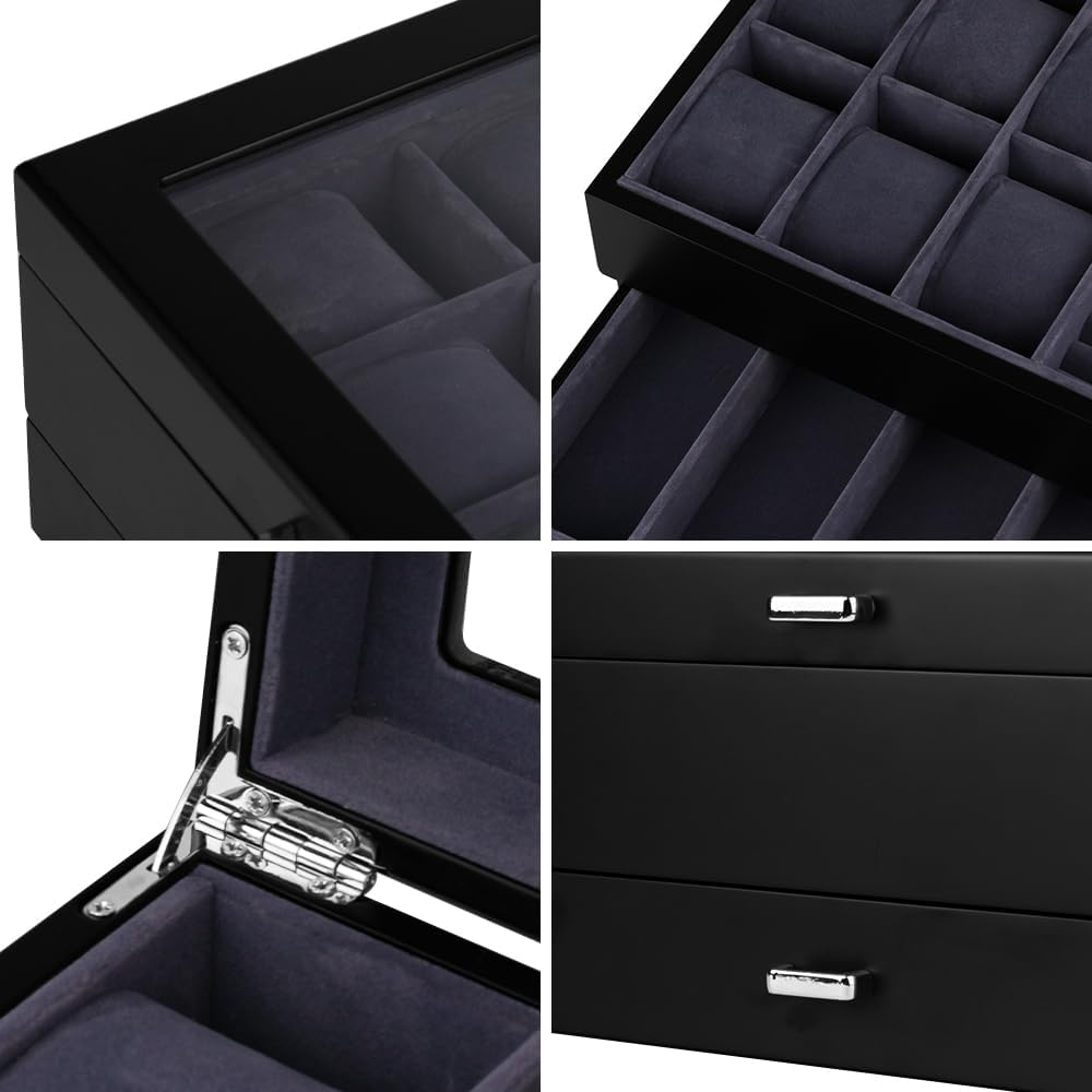 Baskiss Watch Box with Drawer, Double-layer Jewelry Organizer Case with Glass Lid, Display Storage Holder for Men Woman Anniversary Wedding Birthday (6 Slot - Large) - Image 5
