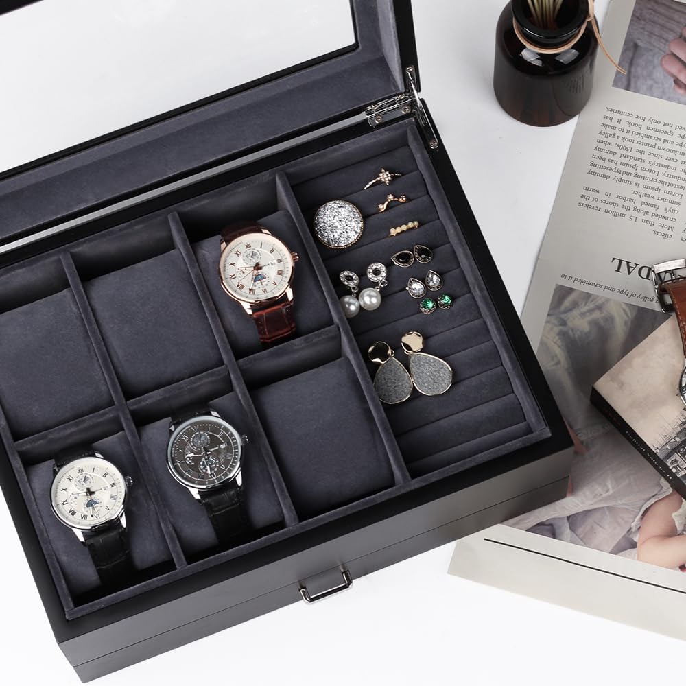Baskiss Watch Box with Drawer, Double-layer Jewelry Organizer Case with Glass Lid, Display Storage Holder for Men Woman Anniversary Wedding Birthday (6 Slot - Large) - Image 3