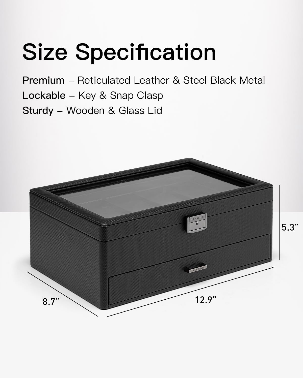 Vlando 10-Slot Watch Box, 2-Tier Watch Display Case, Lockable Watch Case with Glass Lid,Jewelry Box for Men,Black - Image 7