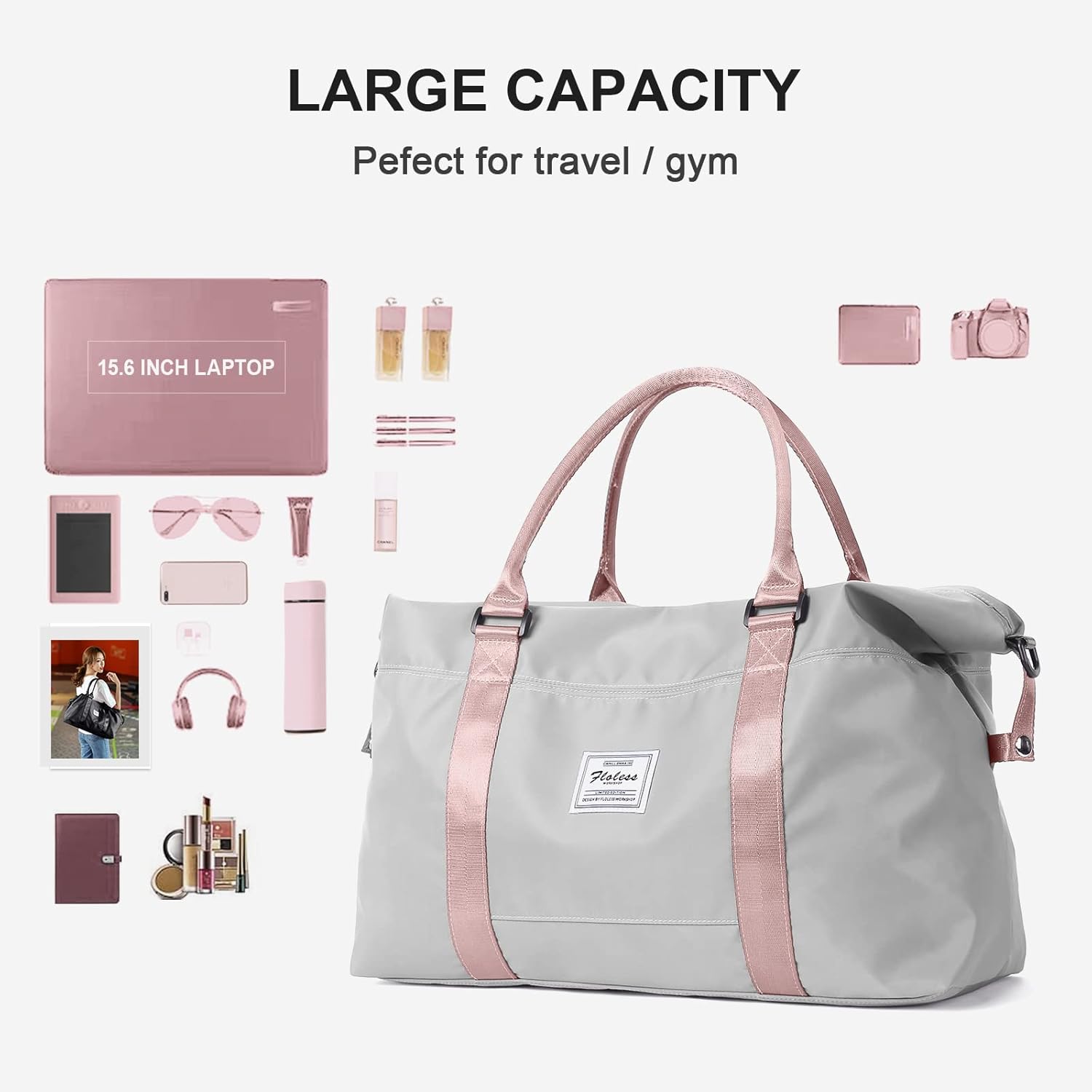 Sport Travel Duffle Bag Large Gym Tote Bag for Women, Weekender Bag Carry on Bag for Airplane, Ladies Beach Bag Overnight Bag Waterproof Hospital Bag Luggage Bag with Wet Bag,A12-Grey Pink - Image 3