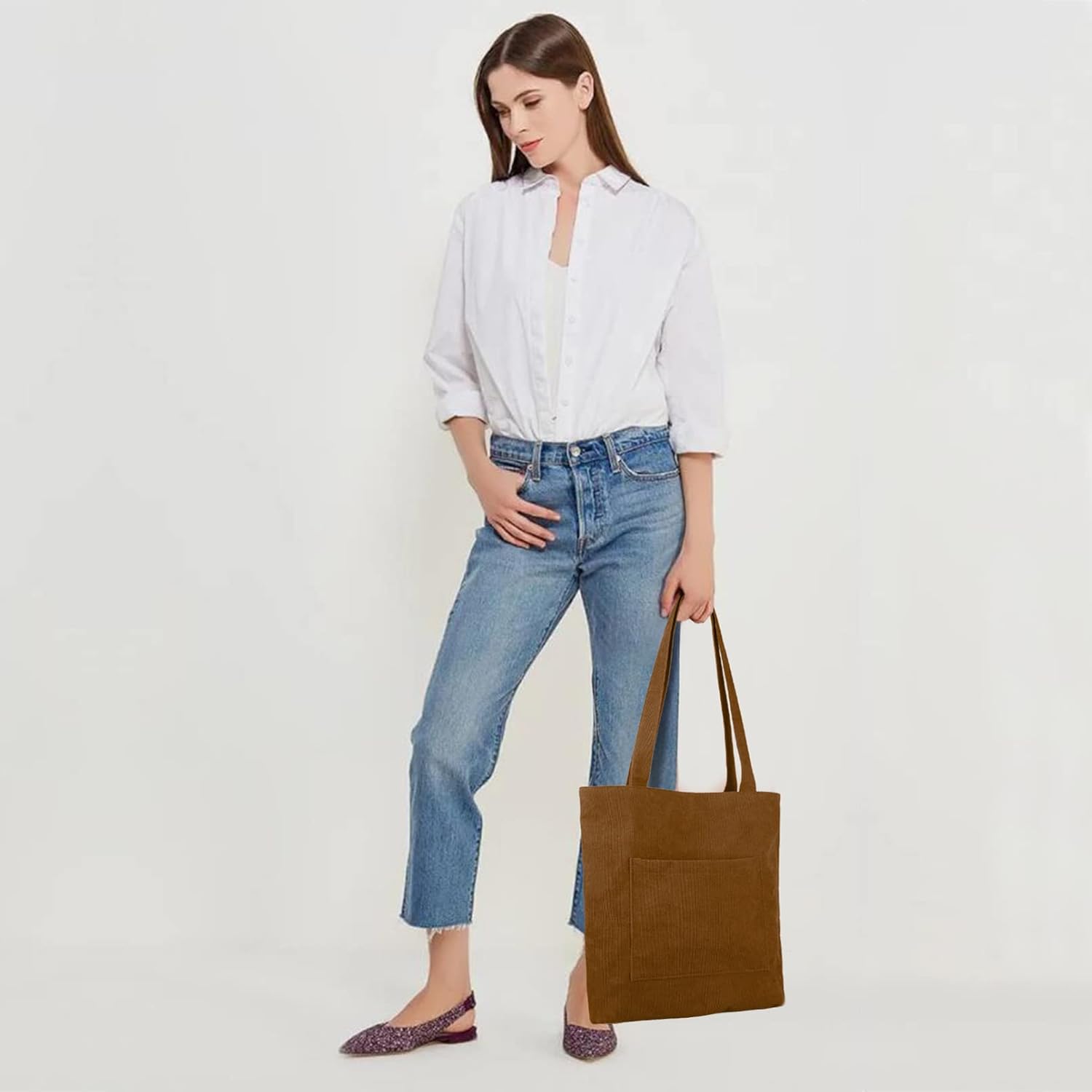 Corduroy Tote Bag with Zip, Kememo Shoulder Bag Women's Hobos Handbags Large Capacity Shopping Bag with Inner Pocket - Image 5