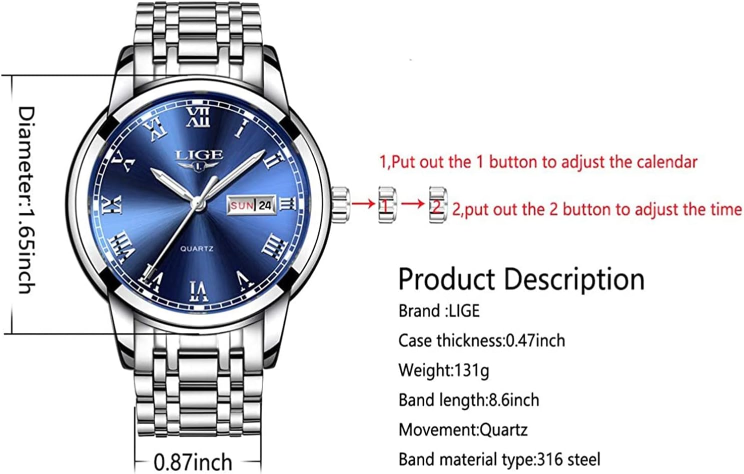 LIGE Mens Watches Waterproof Chronograph Stainless Steel Analog Quartz Watch Men Fashion Business Dress Wrist Watch - Image 6