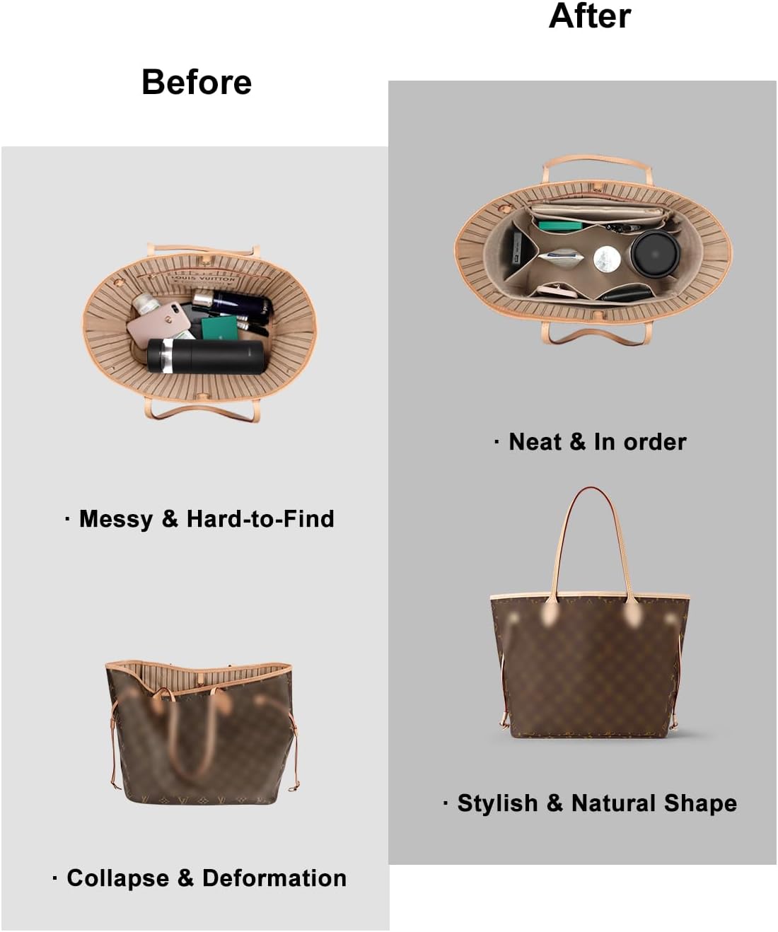 ETTP Purse Organizer Insert For Handbags, Tote Bag Organizer Insert, Handbag Organizer For Tote & Handbags, Compatible with Neverful Speedy and More (XLarge,Beige) - Image 4