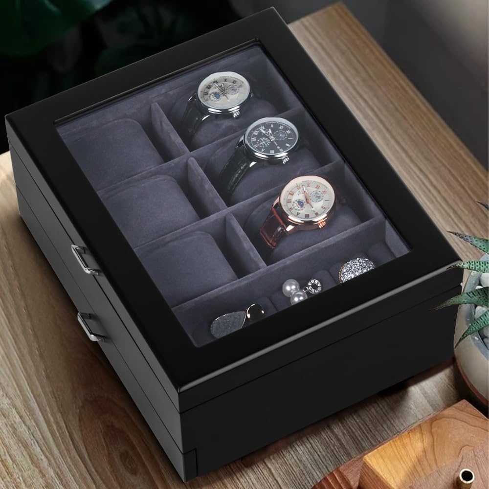 Baskiss Watch Box with Drawer, Double-layer Jewelry Organizer Case with Glass Lid, Display Storage Holder for Men Woman Anniversary Wedding Birthday (6 Slot - Large) - Image 7