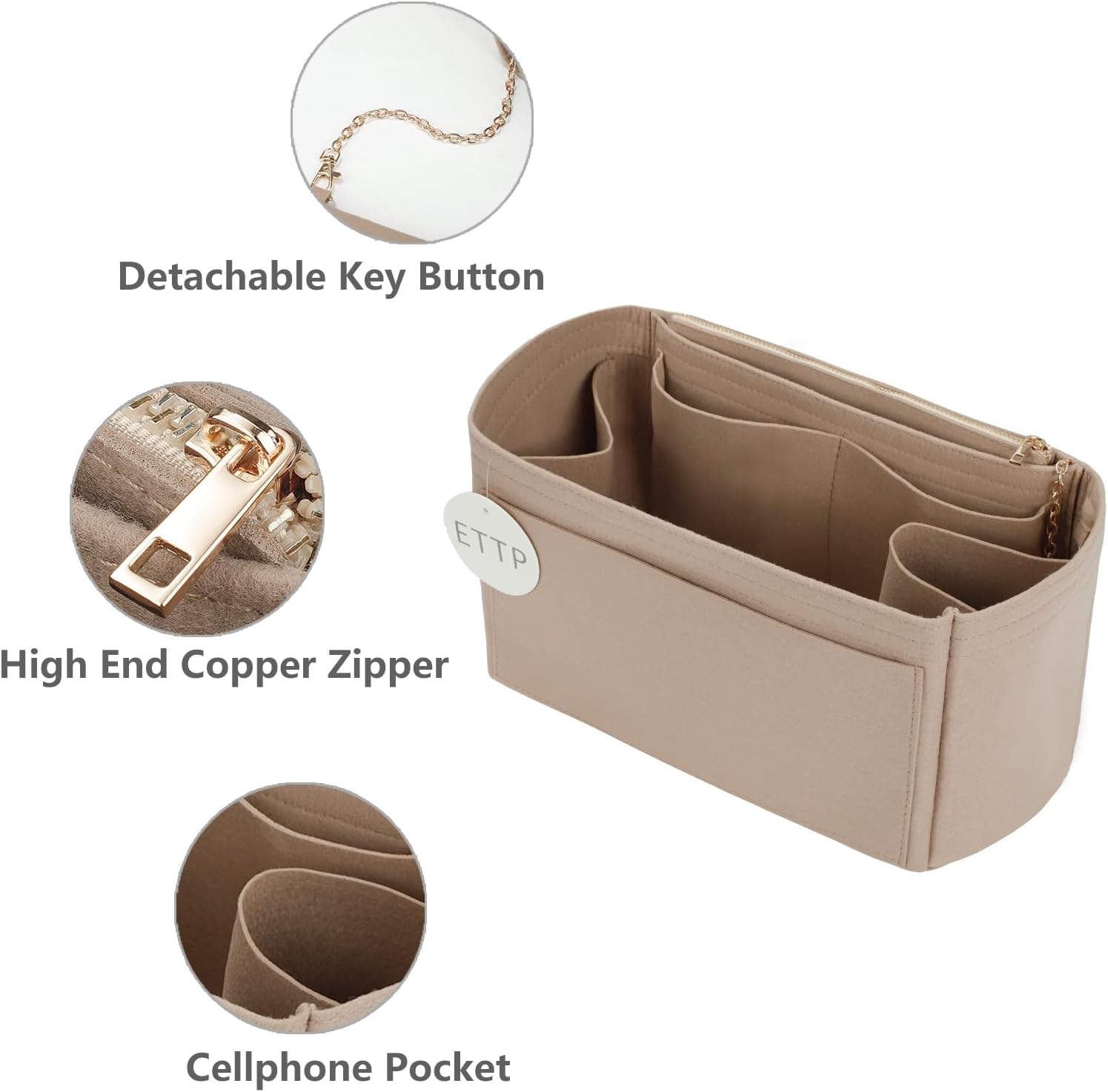 ETTP Purse Organizer Insert For Handbags, Tote Bag Organizer Insert, Handbag Organizer For Tote & Handbags, Compatible with Neverful Speedy and More (XLarge,Beige) - Image 6