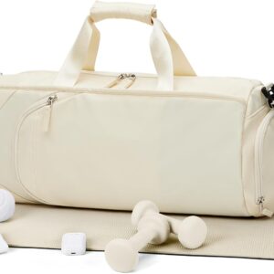 Gym Bag Womens Mens,Travel Duffel Bag for Women for Plane,Sport Gym Tote Bags Swimming Yoga,Waterproof Weekend Overnight Bag Carry on Bag Hospital Holdalls with Shoes Compartment and Wet Pocket Beige