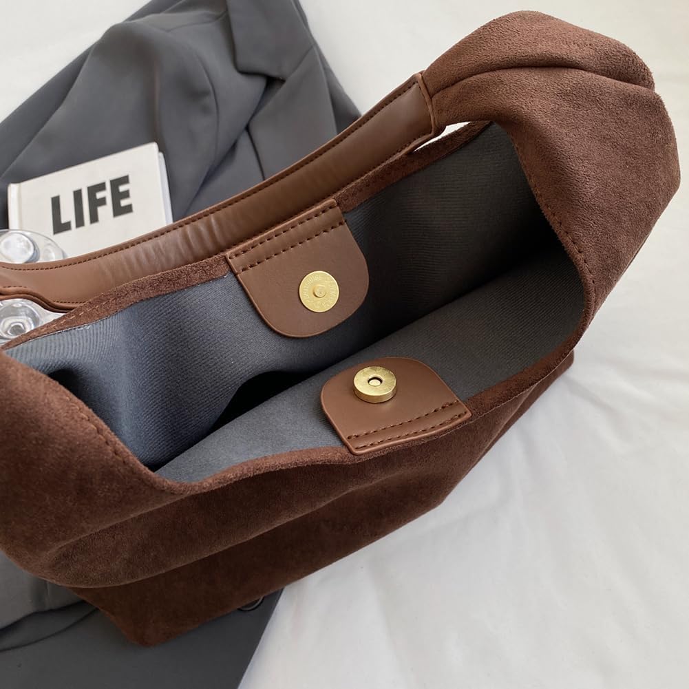 Suede Hobo Bag Brown Suede Handbag for Women Retro Suede Slouchy Bag Hobo Handbag Suede Shoulder Bag Travel Shopping Bag - Image 4