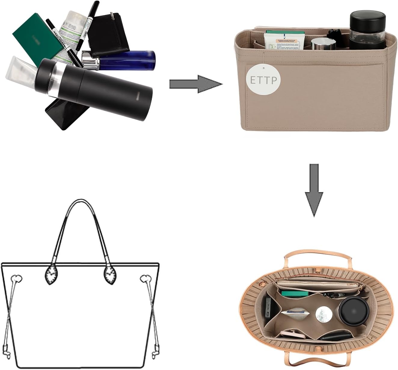 ETTP Purse Organizer Insert For Handbags, Tote Bag Organizer Insert, Handbag Organizer For Tote & Handbags, Compatible with Neverful Speedy and More (XLarge,Beige) - Image 5