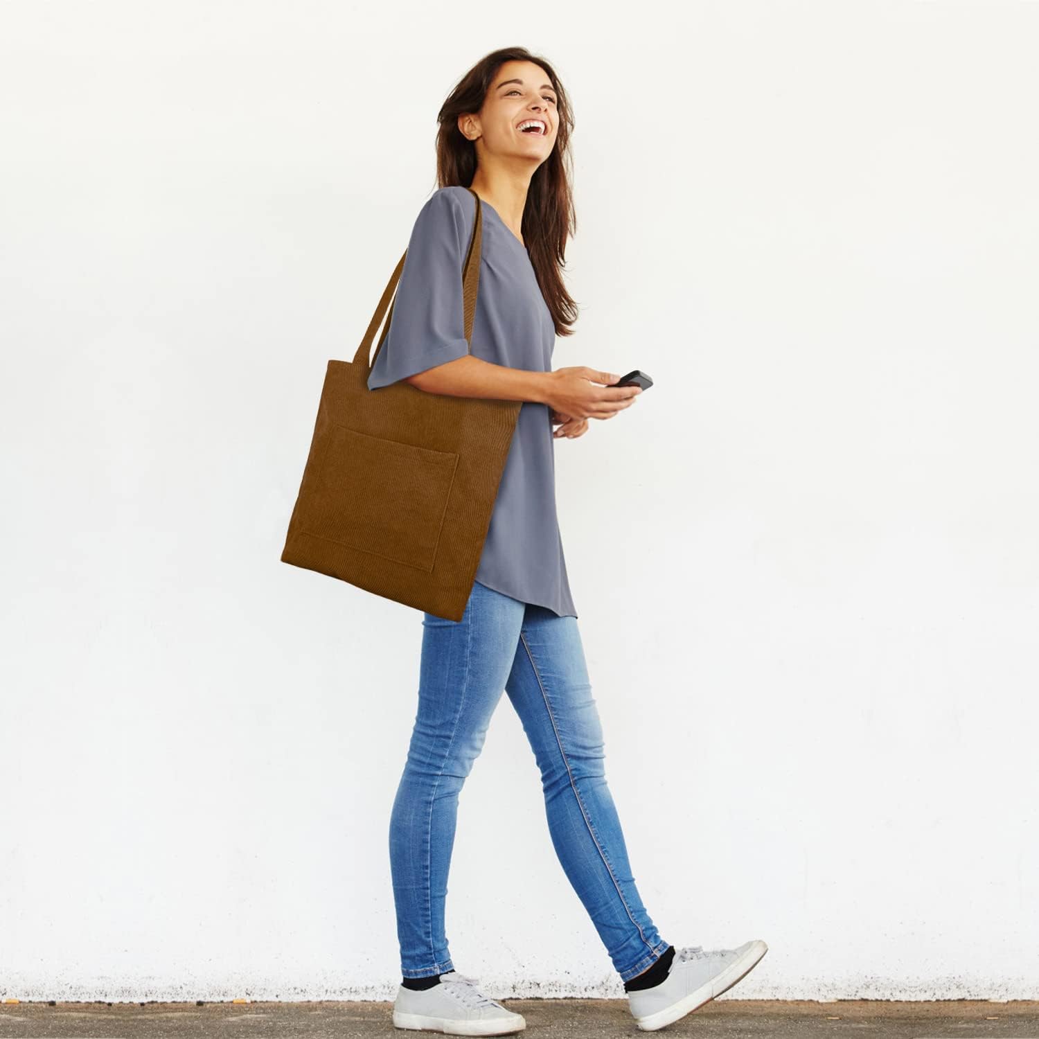 Corduroy Tote Bag with Zip, Kememo Shoulder Bag Women's Hobos Handbags Large Capacity Shopping Bag with Inner Pocket - Image 6