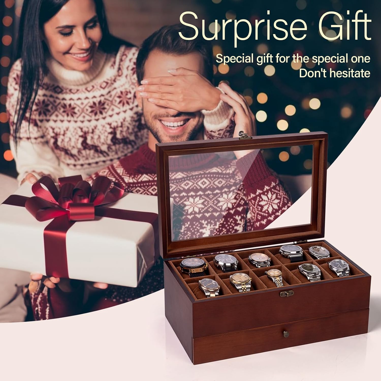 ULTRGEE Watch Box for Men, Watch Display Case - 10 Slots, Wooden Watch Holder Organizer with Drawer, 2 - Layer Watch and Jewelry Storage Box - Image 7