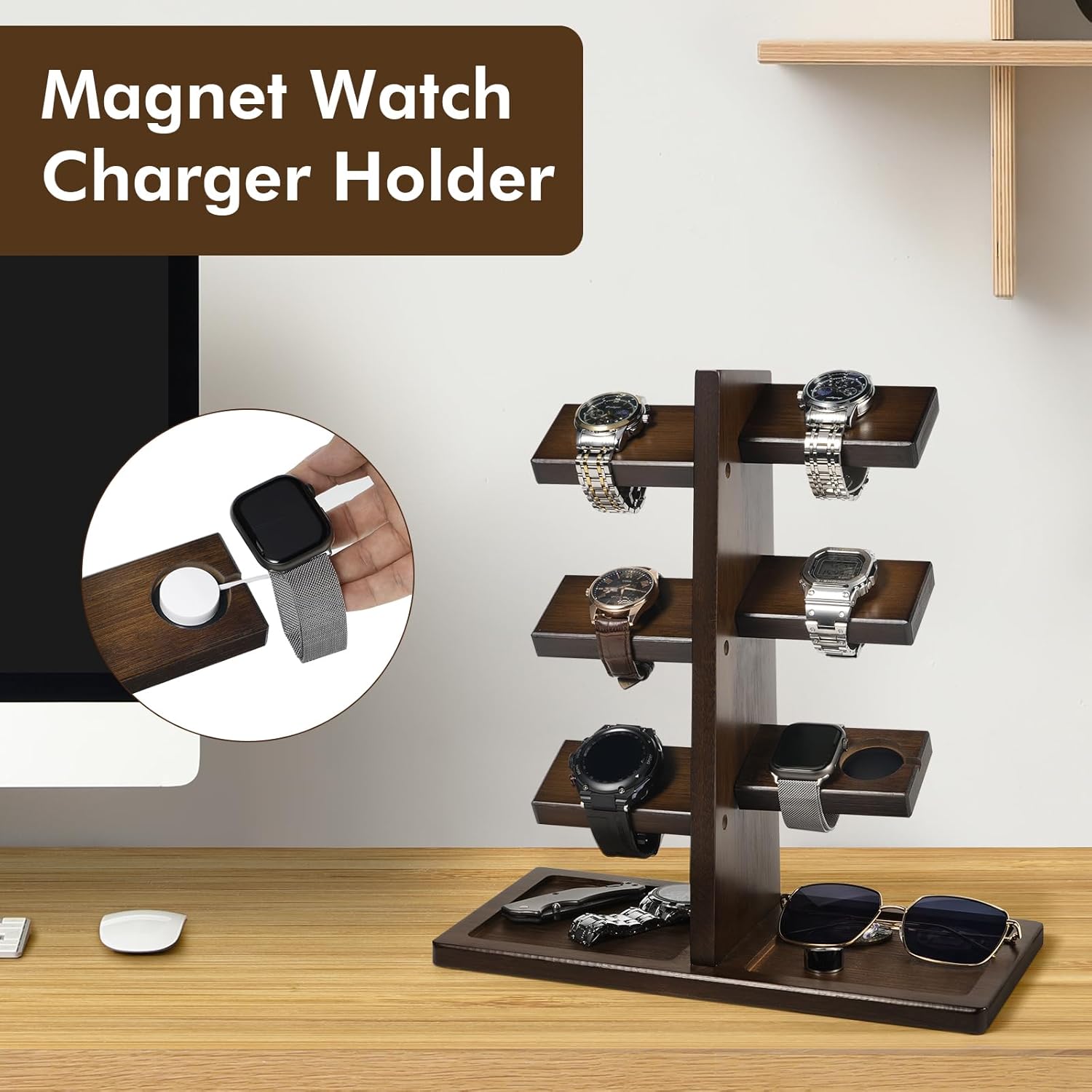 ikkle Watch Holder Stand with Charging Station, Wooden Watch Display Tower Jewelry Organizer for Watches, Rings, Coins Bracelets, Sunglasses, Necklaces, Great Gift for Men - Image 2