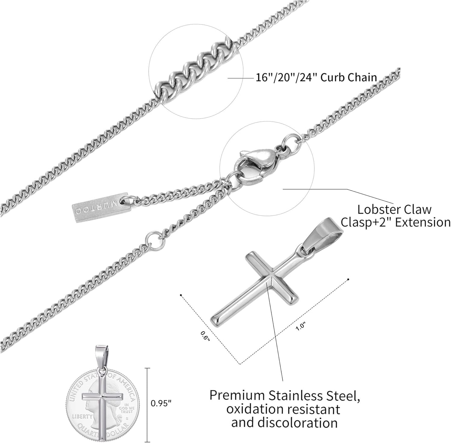 Murtoo Cross Necklace for Men, Stainless Steel Necklace for Men with Cross Pendant, Cross Mens Necklace Simple Jewelry Gift Idea for Men Women, 2" Adjustable Curb Chain - Image 2