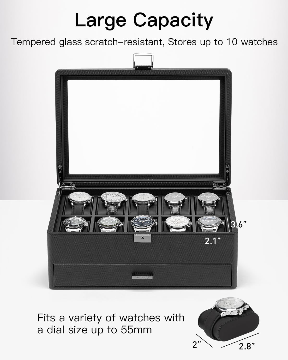 Vlando 10-Slot Watch Box, 2-Tier Watch Display Case, Lockable Watch Case with Glass Lid,Jewelry Box for Men,Black - Image 5