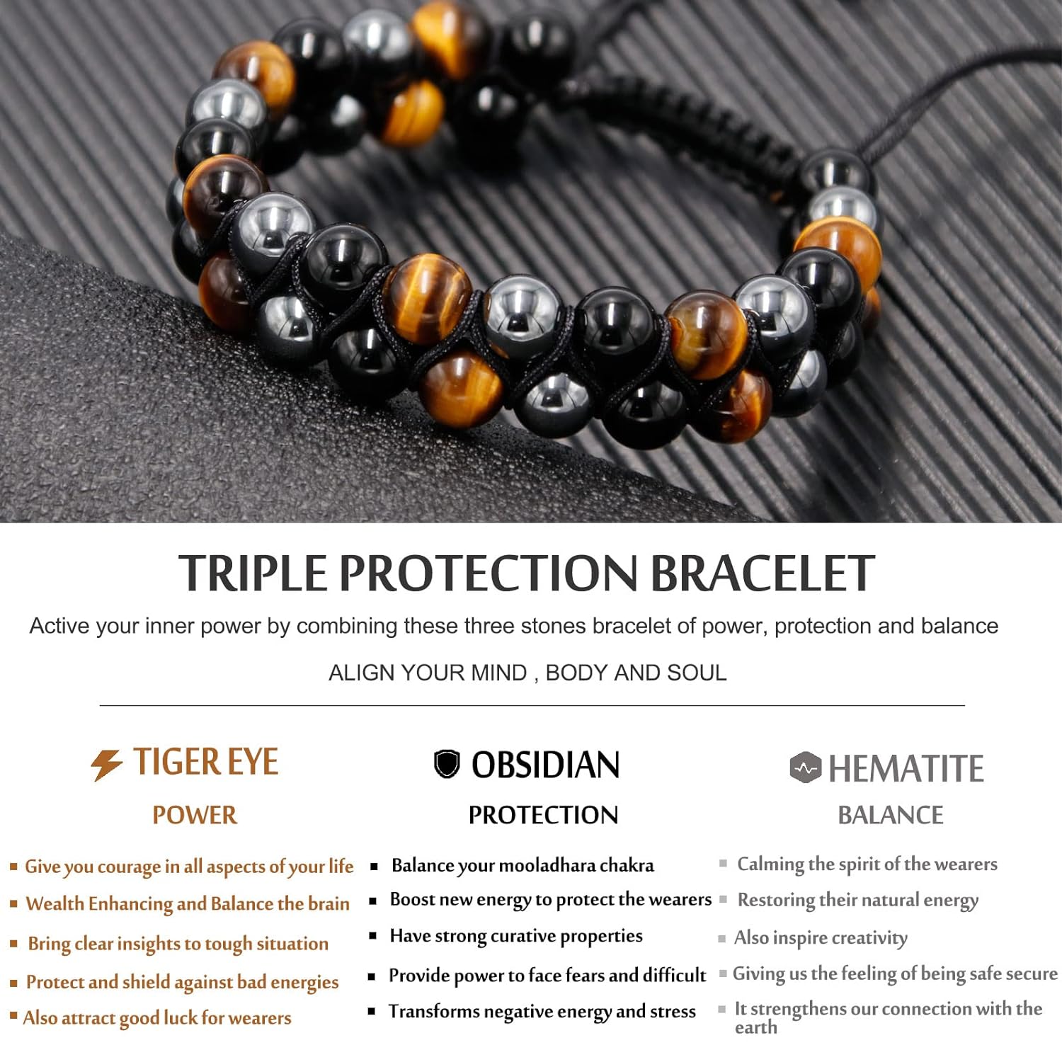 HASKARE Triple Protection Bracelet, Genuine Tigers Eye Black Obsidian and Hematite 8mm Beads Bracelet for Men Women, Crystal Jewelry Healing Bracelets Bring Luck and Prosperity and Happiness - Image 5