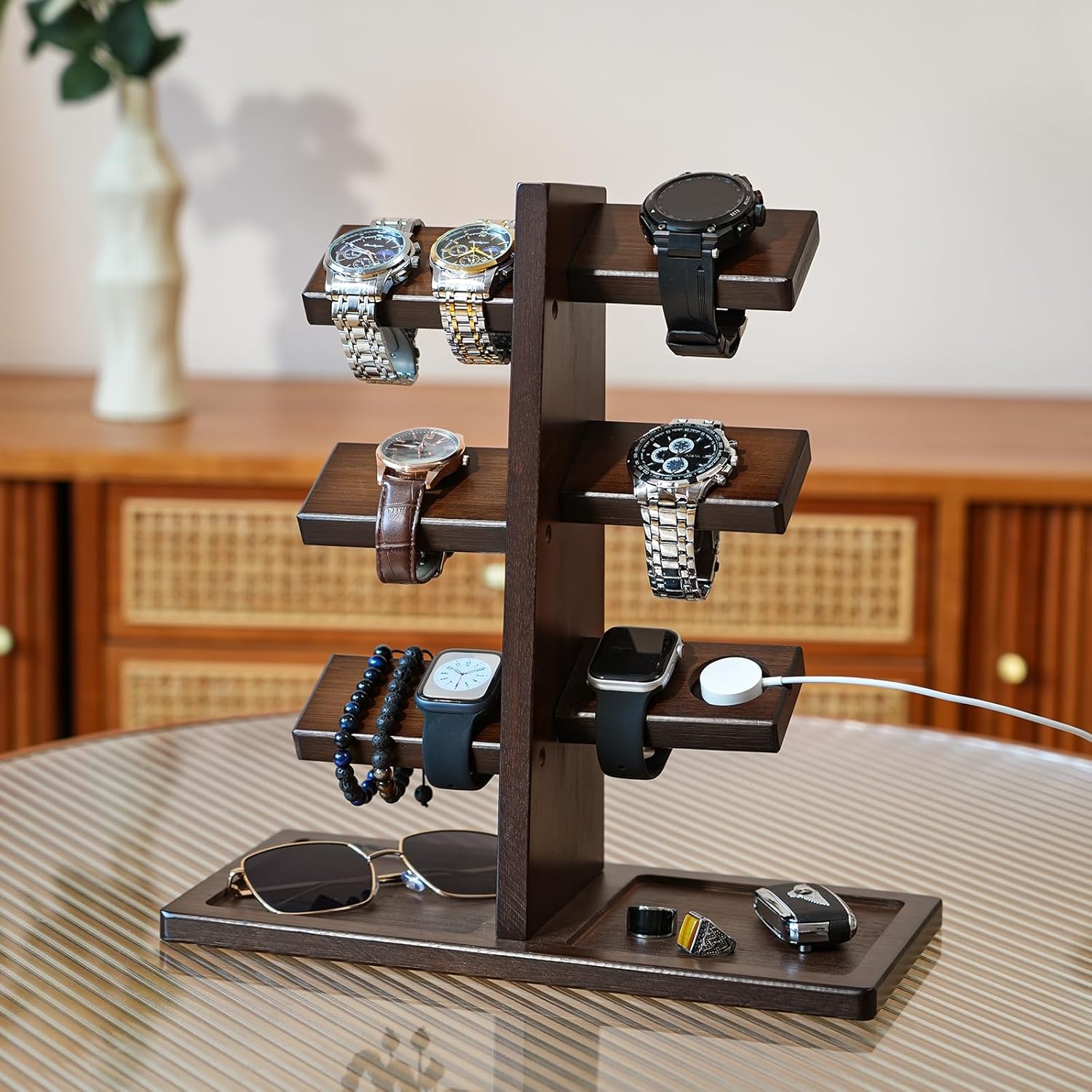 ikkle Watch Holder Stand with Charging Station, Wooden Watch Display Tower Jewelry Organizer for Watches, Rings, Coins Bracelets, Sunglasses, Necklaces, Great Gift for Men - Image 3