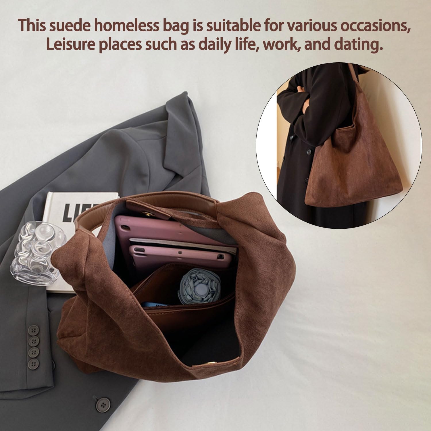 Suede Hobo Bags for Women, Shoulder Bag Retro Tote Bag Suede Slouchy Bag Hobo Handbag Office Work Bag Tote Handbag with Pu Leather Clutch Purse - Image 2