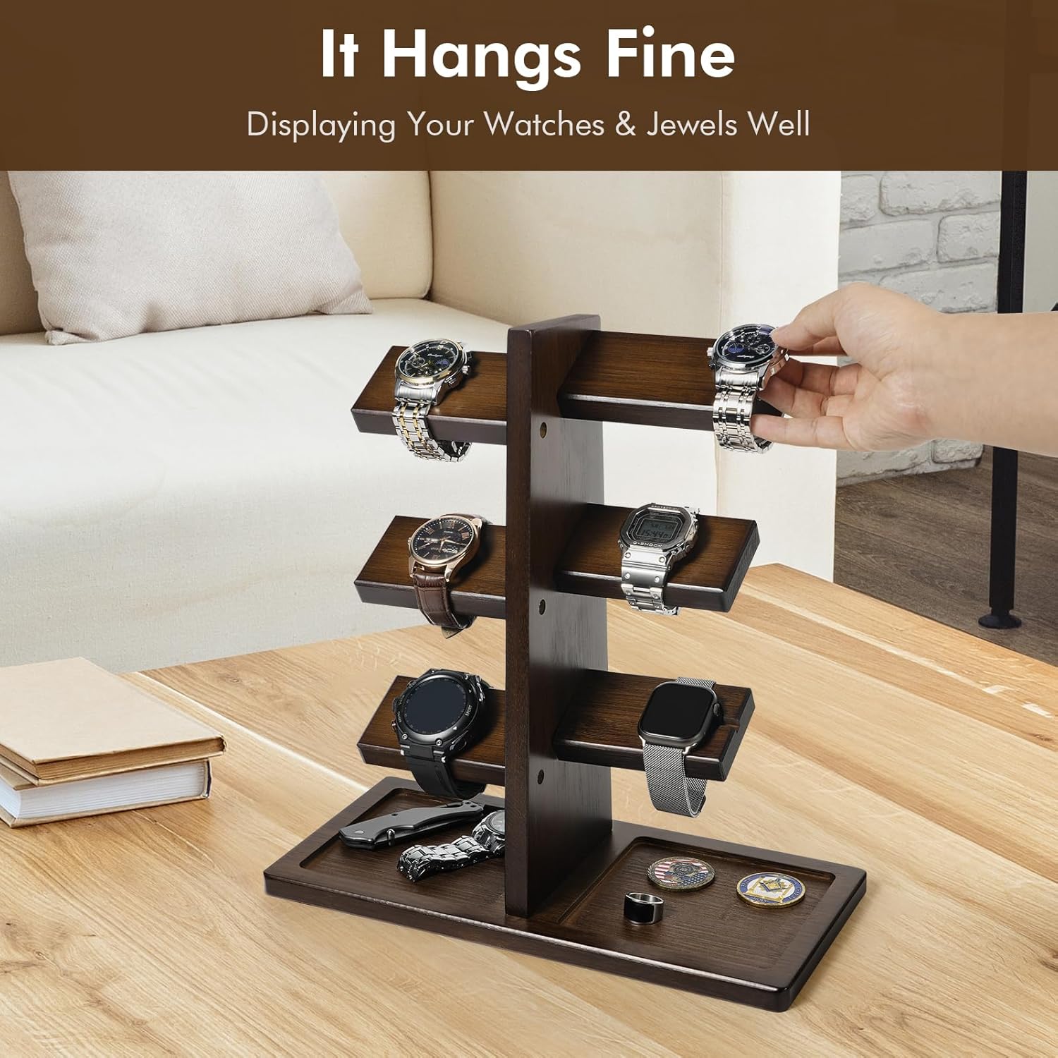 ikkle Watch Holder Stand with Charging Station, Wooden Watch Display Tower Jewelry Organizer for Watches, Rings, Coins Bracelets, Sunglasses, Necklaces, Great Gift for Men - Image 4