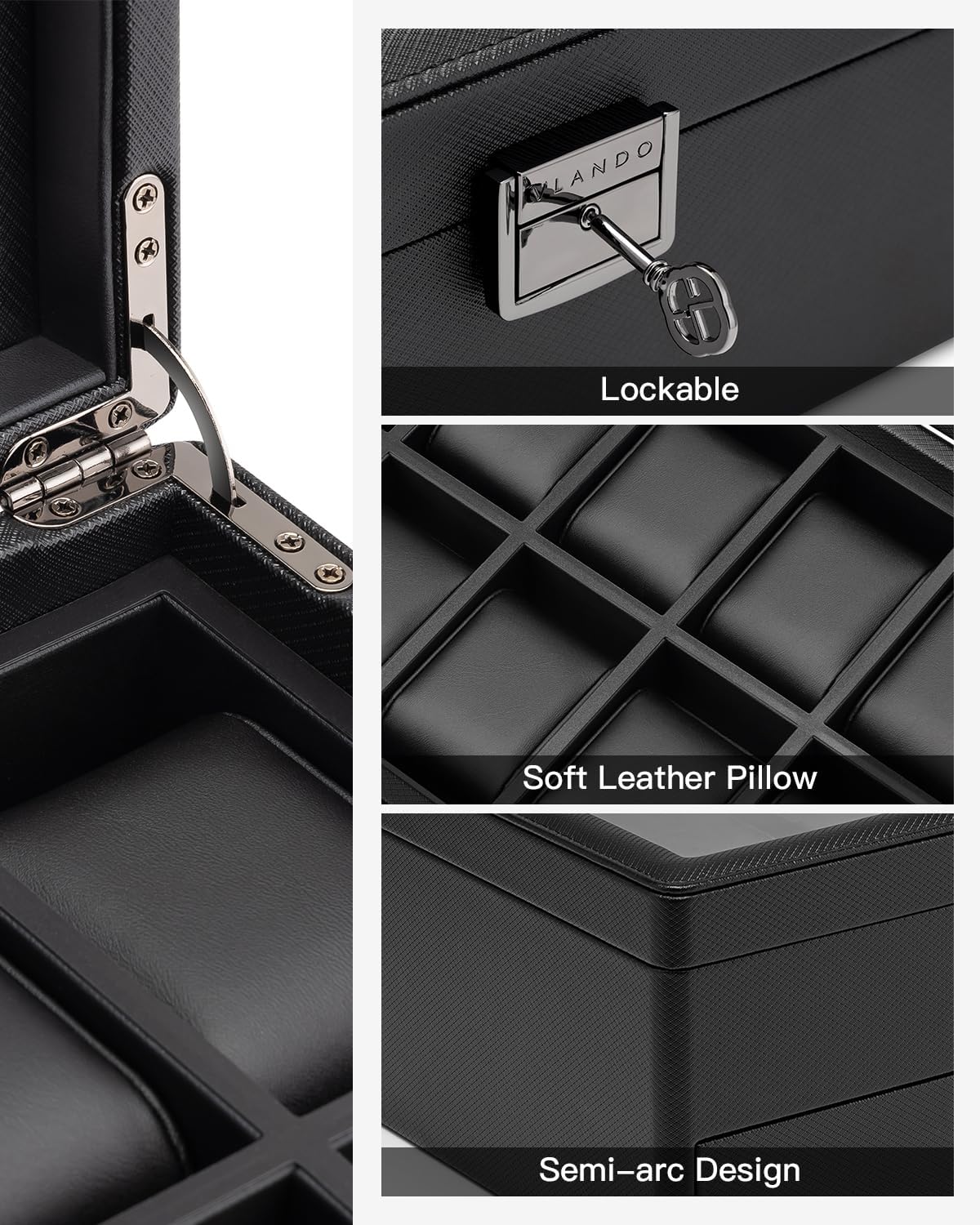 Vlando 10-Slot Watch Box, 2-Tier Watch Display Case, Lockable Watch Case with Glass Lid,Jewelry Box for Men,Black - Image 6