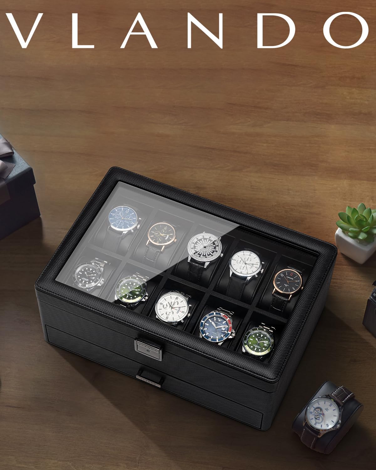 Vlando 10-Slot Watch Box, 2-Tier Watch Display Case, Lockable Watch Case with Glass Lid,Jewelry Box for Men,Black - Image 3