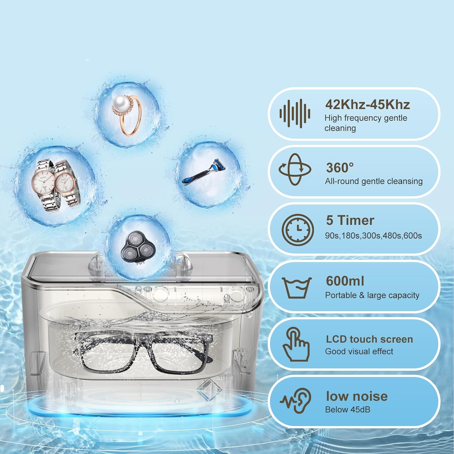LifeBasis Ultrasonic Cleaner, Professional Ultrasonic Jewelry Cleaner 20 Ounces (600ML) with Digital Timer, Watch Holder Ultrasonic Glasses Cleaner for Rings, Coins, Watches, Silver - Image 2