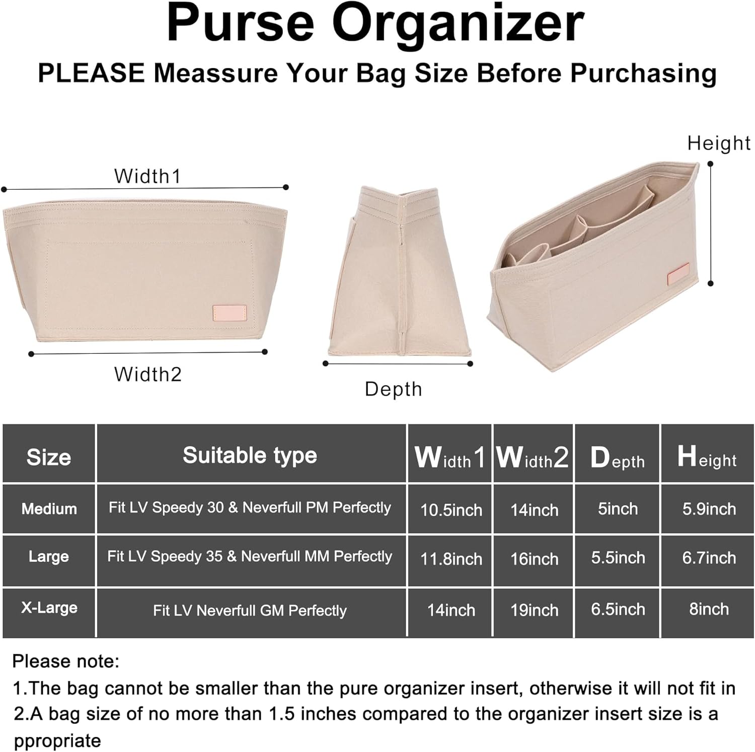 Doxo Purse Organizer Insert for Handbags & Base Shaper 2pc Set,Felt Organizer Insert Large Tote,Bag Organizer with Zipper 3 Sizes,Fit Speedy Neverfull MM and More(Beige-L-Combination) - Image 6