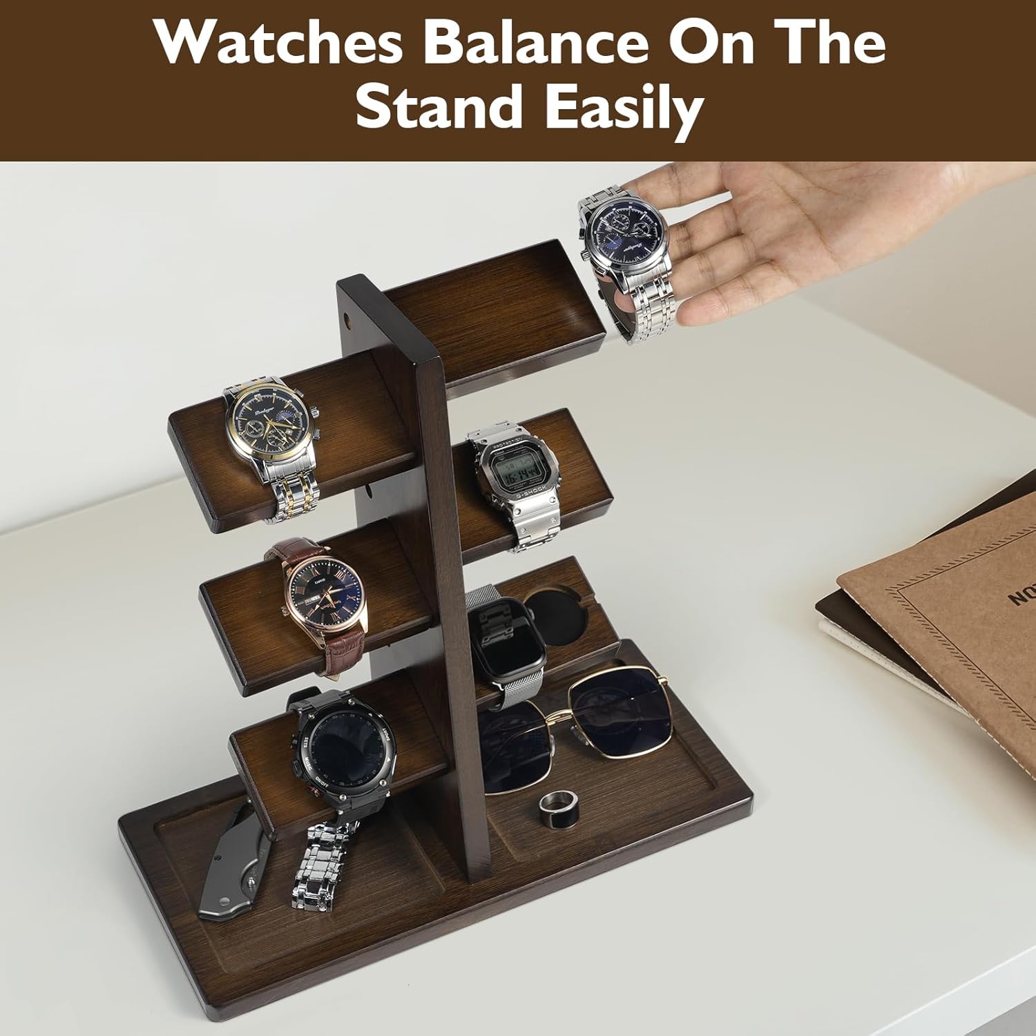 ikkle Watch Holder Stand with Charging Station, Wooden Watch Display Tower Jewelry Organizer for Watches, Rings, Coins Bracelets, Sunglasses, Necklaces, Great Gift for Men - Image 7