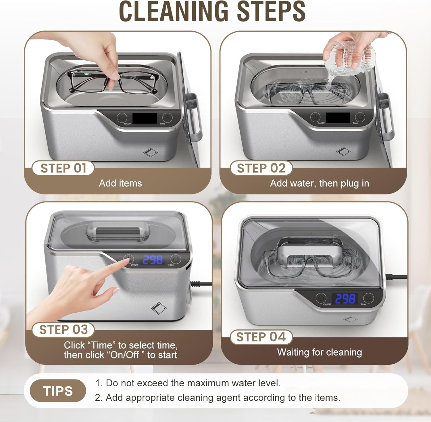 LifeBasis Ultrasonic Cleaner, Professional Ultrasonic Jewelry Cleaner 20 Ounces (600ML) with Digital Timer, Watch Holder Ultrasonic Glasses Cleaner for Rings, Coins, Watches, Silver - Image 6