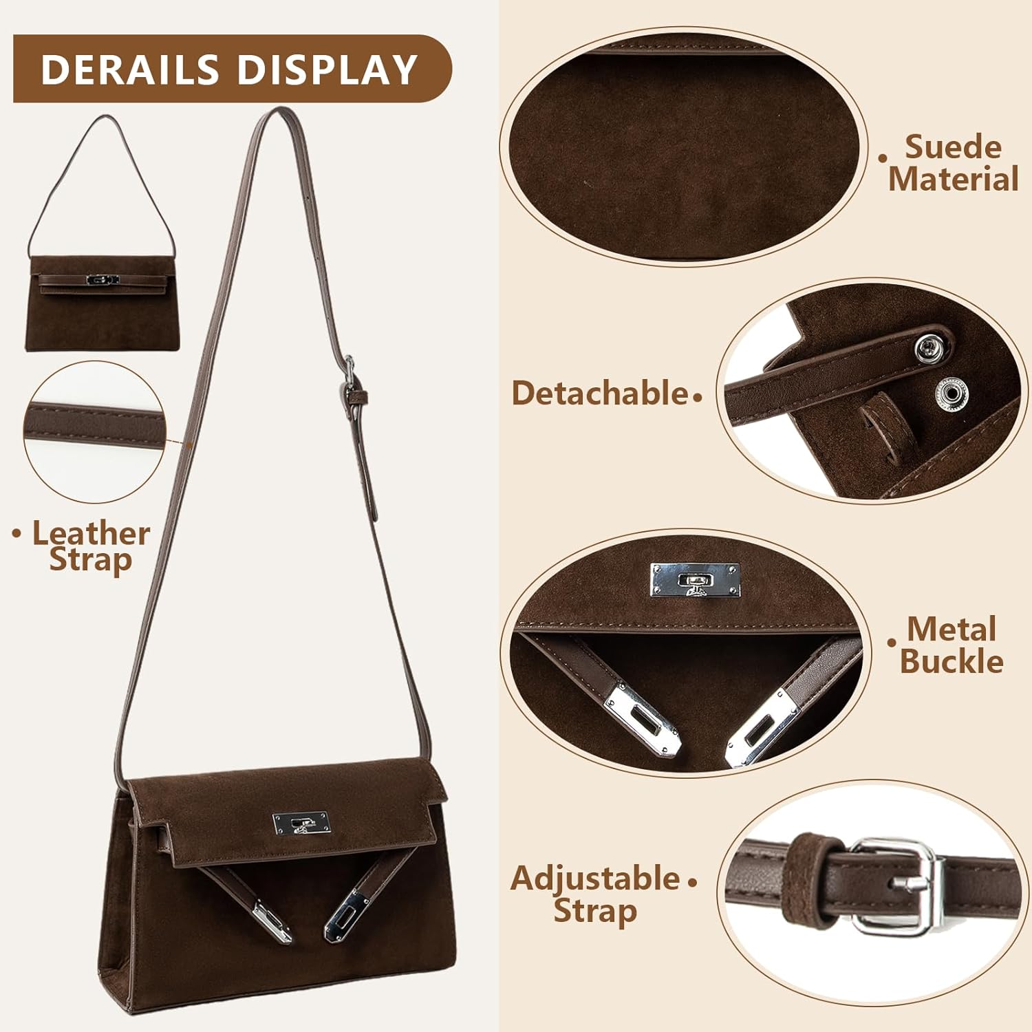 Suede Shoulder Bag Crossbody Suede Purse for Women 2024 Fall Purse Stylish Brown Suede Handbags Satchel Purse - Image 4