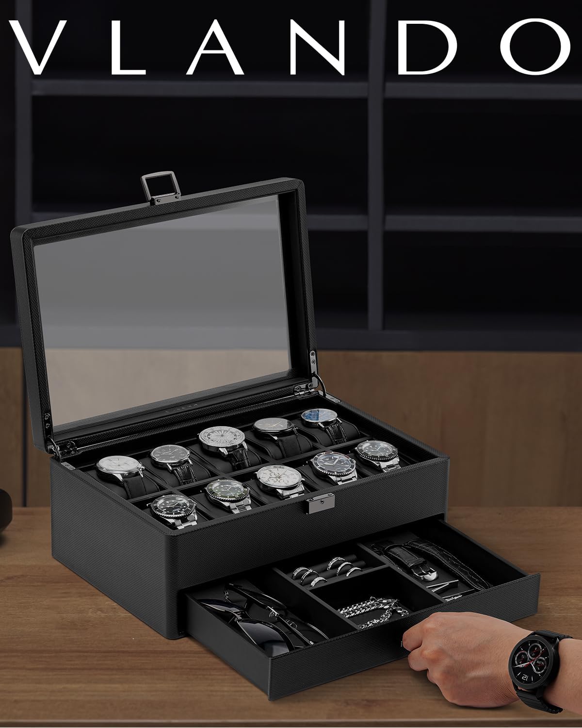 Vlando 10-Slot Watch Box, 2-Tier Watch Display Case, Lockable Watch Case with Glass Lid,Jewelry Box for Men,Black - Image 8