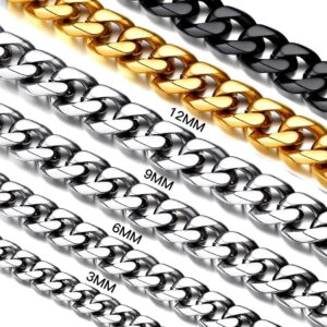 316L Stainless Steel Miami Cuban Chain for Men Women, 18K Gold/Black Plated, 3mm/6mm/9mm/12mm Wide, 18″/20″/22″/24″/26″/28″/30″ Long 316L Stainless Steel Miami Cuban Chain for Men Women, 18K Gold/Black Plated, 3mm/6mm/9mm/12mm Wide, 18″/20″/22″/24″/26″/28″/30″ Long