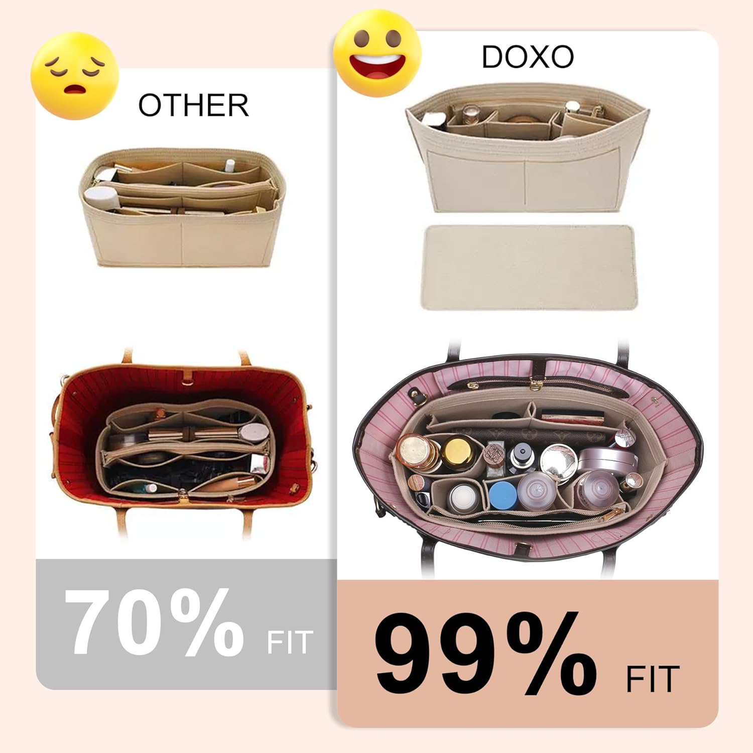 Doxo Purse Organizer Insert for Handbags & Base Shaper 2pc Set,Felt Organizer Insert Large Tote,Bag Organizer with Zipper 3 Sizes,Fit Speedy Neverfull MM and More(Beige-L-Combination) - Image 4
