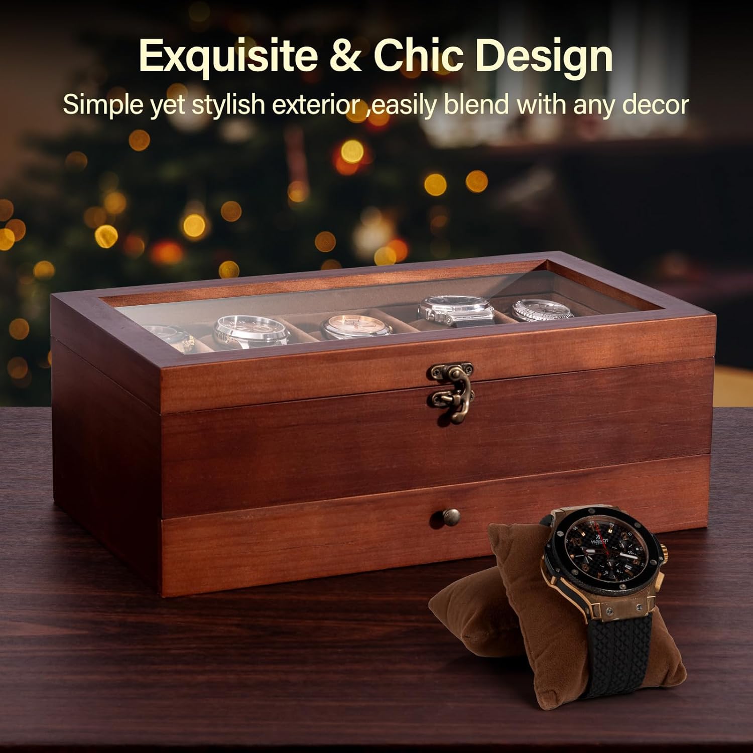 ULTRGEE Watch Box for Men, Watch Display Case - 10 Slots, Wooden Watch Holder Organizer with Drawer, 2 - Layer Watch and Jewelry Storage Box - Image 8