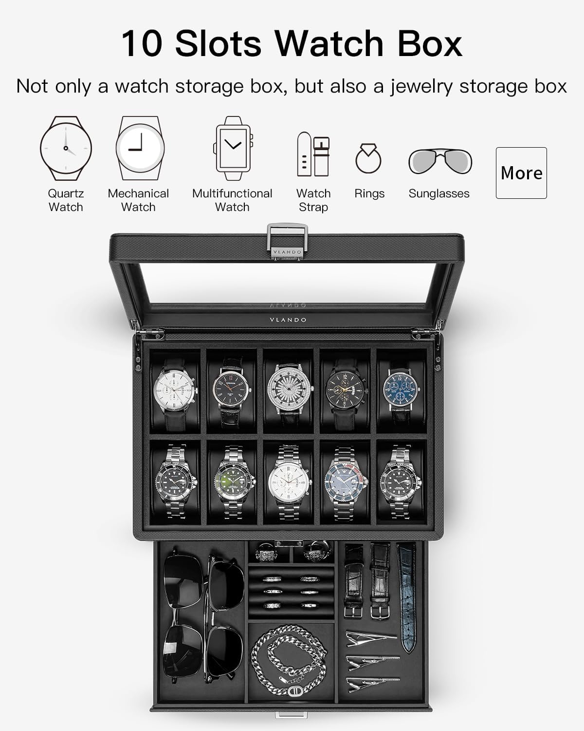 Vlando 10-Slot Watch Box, 2-Tier Watch Display Case, Lockable Watch Case with Glass Lid,Jewelry Box for Men,Black - Image 4