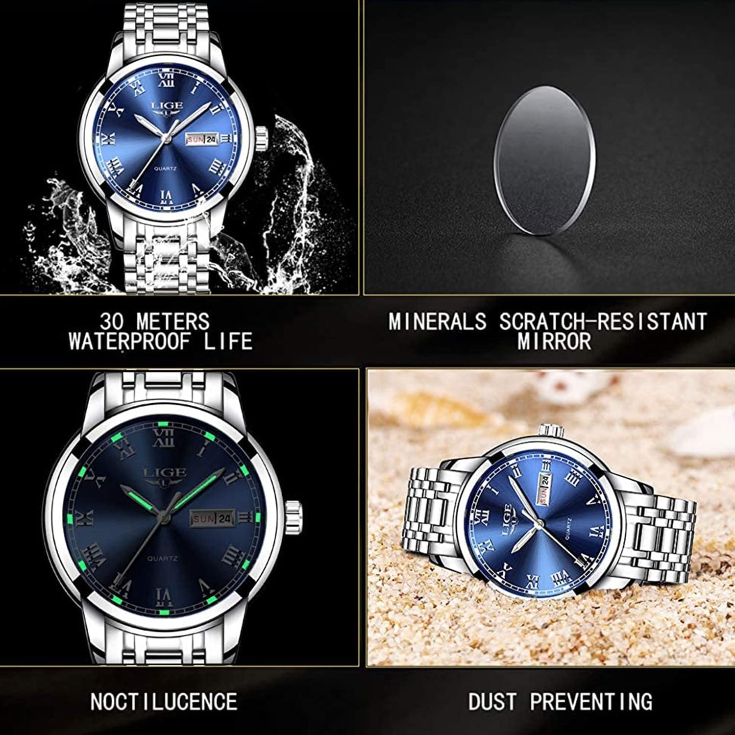 LIGE Mens Watches Waterproof Chronograph Stainless Steel Analog Quartz Watch Men Fashion Business Dress Wrist Watch - Image 5