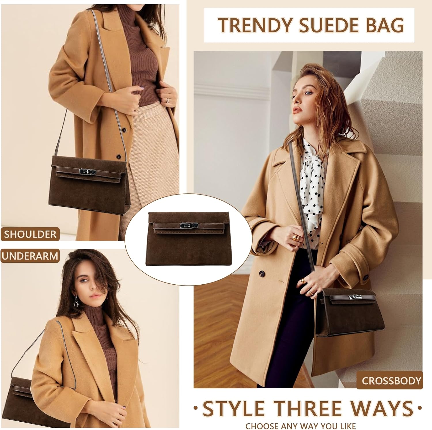 Suede Shoulder Bag Crossbody Suede Purse for Women 2024 Fall Purse Stylish Brown Suede Handbags Satchel Purse - Image 2